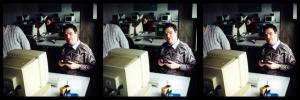 Computer Room, Bonn University. 1996. Stereo Realist, Kodak Gold 200. My first exposure with the Realist! Net God[tm] in his natural habitat (that's his *personal* DECstation!), taking a break from commanding the net to check out my (el cheapo) light meter.