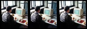 Computer Room, Bonn University. 1996. Stereo Realist, Kodak Gold 200. Another view of the Great Net God[tm]. That terminal really kicked ass -- check out the mouse! Too bad it broke sometime later. The doodle on the blackboard is by yours truly. :^)