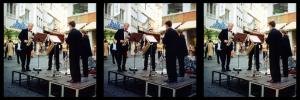 Bonn, 1996. Stereo Realist, Kodak Gold 200. Testing the Realist with my first film, I happened on this group of musicians. Pretty lame under ordinary circumstances, but surprisingly effective in 3D.