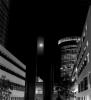 Deutsche Welle building & Post Tower at night, Bonn, august 2003. Rolleiflex 2.8 C, Ilford HP5. Obviously the German postal sevice is swimming in it if they can afford to indulge in megalomaniac architecture such as this. Having said that, it's an impressive sight, particularly at night with the changing display of coloured lights! I waited for a full moon and a clear night to get this shot, and it took me a while to set it up so the moon sat between the two columns (phallic symbols?) in the foreground. Looking at it now, I must admit the image is somewhat ill-composed; with the paved area at the base of the columns missing, they somehow appear to float in space. Then again, it was night *and* the Rolleiflex doesn't have the brightest ground glass, so I have an excuse. I sort of angled up to make sure I got the top of those columns (which I could barely see on the dim screen), and neglected the stuff on the bottom. Oh well. Unfortunately, my scanner doesn't resolve the columns too well either, as it tends to muddy shadow detail in glossy prints. Sorry for the lousy scan, one of these days I'll get a decent slide scanner...